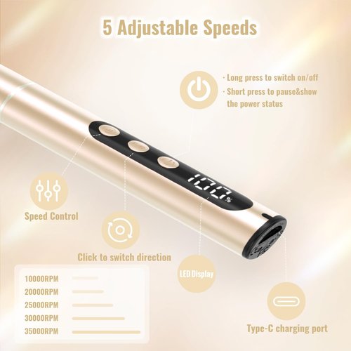 Denabuty Electric Nail Drill Cordless, 35000RPM Portable Electric Nail File with LCD Display and 12 Nail Drill Bits for Acrylic & Gel Nails, Professional Manicure & Pedicure Kit Set Golden