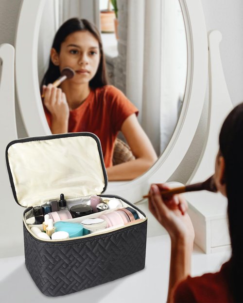 Loyzcy Makeup Bag Organiser for Women, Large Double Layer Cosmetic Make Up Bag with Brush Compartment, Portable and Water-Resistant Toiletry Bag Travel Essentials, Black
