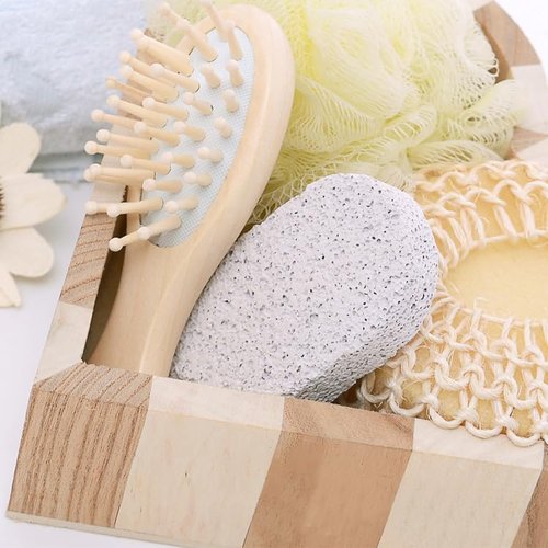 JWDREAMWAY 5Pcs Bath Shower Set in Heart Wooden Trinket Box Hair Brush for Women,Birthday Gifts,Bath & Shower Spa Basket Gift Set for Women for Body Back Legs and Foot,Gift for Mom
