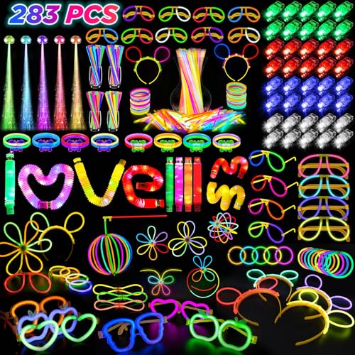 283 Pcs Glow Party Supplies & Favors - Neon Glow Sticks, LED Light Up Toys & Decorations for Kids & Adults