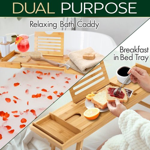 SereneLife Bath Caddy Breakfast Tray Combo with Gift Box-Natural Bamboo Wood Waterproof Bath Tub Caddy and Bed Tray with Folding Slide-Out Arms,Device Grooves,Wine Glass and Soap Holder