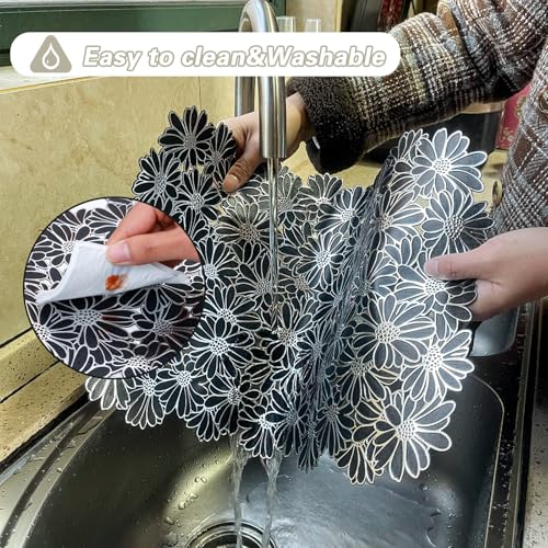 Flower Placemats Set 6 - Black PVC Embossed Table Mats with Silver Flower Variation