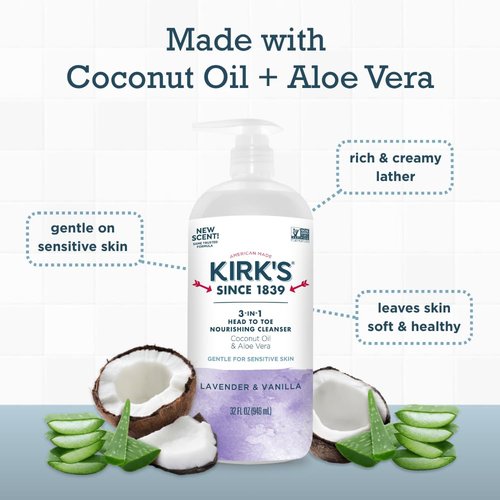 Kirk's 3-in-1 Head to Toe Nourishing Liquid Cleanser- for Men, Women & Children - Premium Coconut Oil & Aloe Vera- Non GMO & Vegan - Lavender and Vanilla - 32 Fl Oz. - 2 Pack