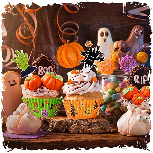 Halloween Cupcake Liners with Toppers Picks - Festive Baking Supplies - 150 Sets