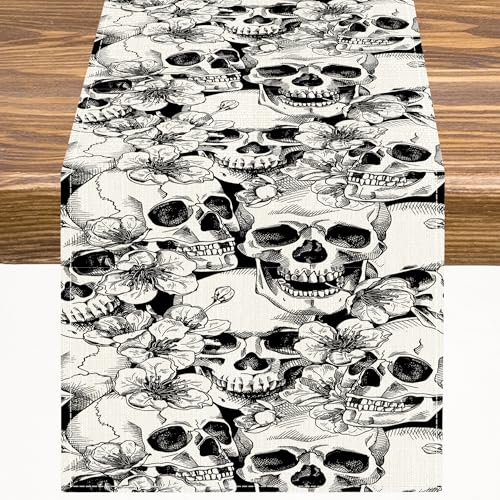 Gothic Table Runner White Skull Flowers Rose Pattern - 13x36in - Farmhouse & Wedding Decor