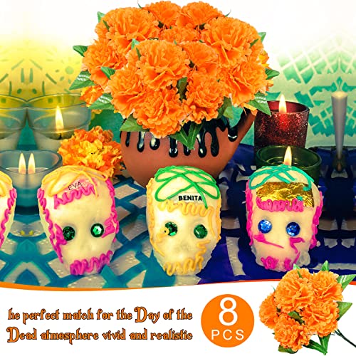 Artificial Marigold Flowers Bulk 8 Pack Halloween Day of the Dead Decorations - Orange