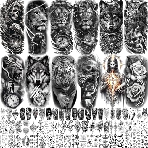 Temporary Tattoos Set with Lion Design - 74 Waterproof Sheets for Men, Women & Kids - Easy Removable Body Art