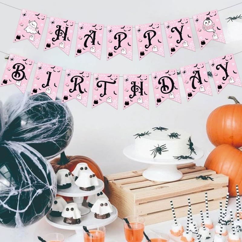 Pink Ghost Birthday Banner Halloween Party Decorations for Girls