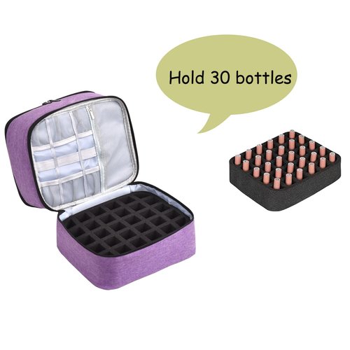 Quoyiyo Nail Polish Organizer - Holds 30 Bottles & Nail Lamp, Double-Layer Nail Organizers and Storage, Nail Polish Bag with Handle Nail Travel Case for Nail Tech (Purple)