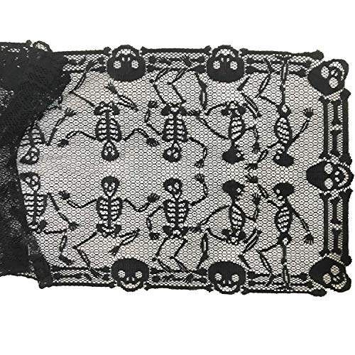 Halloween Skeleton Lace Table Runner - Black & Purple Spooky Decor 20x80 Inch