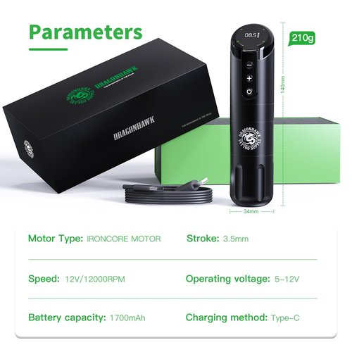 Dragonhawk Tattoo Gun Kit Wireless Beginner Tattoo Kit Complete Tattoo Machine Kit Big Screen Battery Power Supply