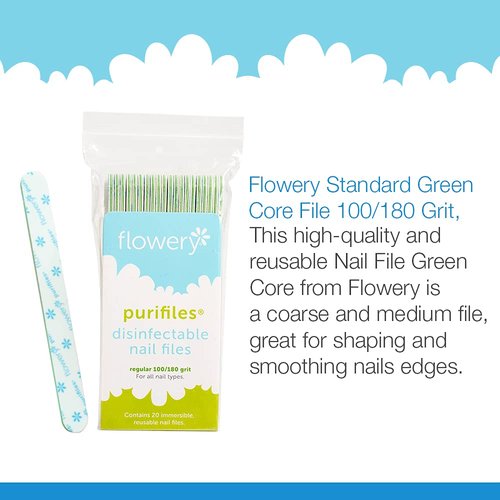 Flowery Green Core Disinfectable Nail Files, 100/180 Grit, 20 per Pack