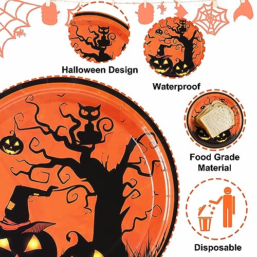 Black Pumpkin Halloween Paper Plates & Napkins Set - Serves 50, Bat & Cat Design