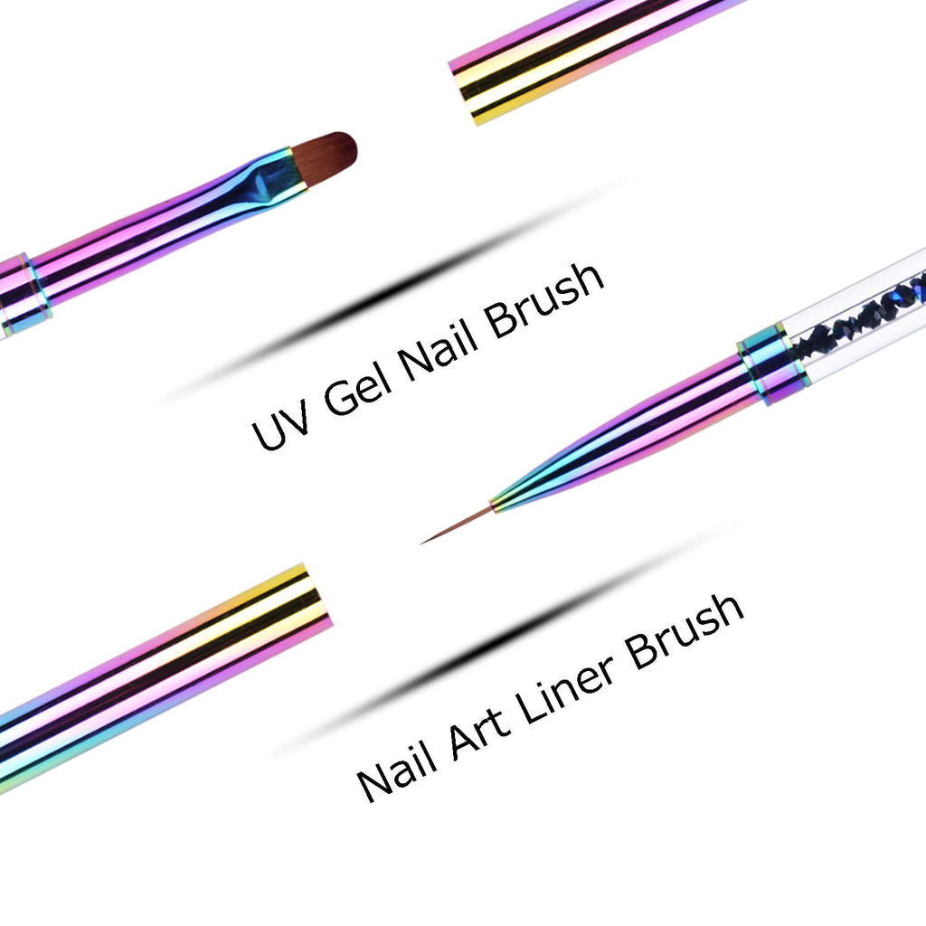 Ycyan 2Pcs Dual-ended UV Builder Gel Nail Brush Set Rhinestone Handle Nail Art Liner Brush Polygel Hard Gel Nail Brushes