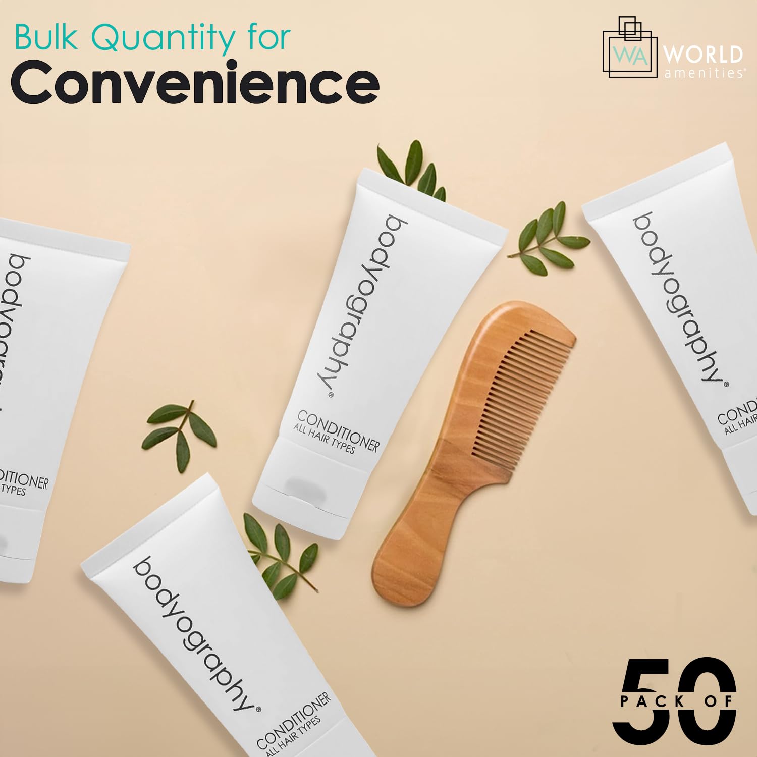 World Amenities Bodyography Blanc- Bulk Conditioner, 50 Count,1.4oz, Vanilla White Tea, Mini Travel Size Toiletries- 100% Recyclable Tube with Flip Top Cap, Suitable for All Hair Types