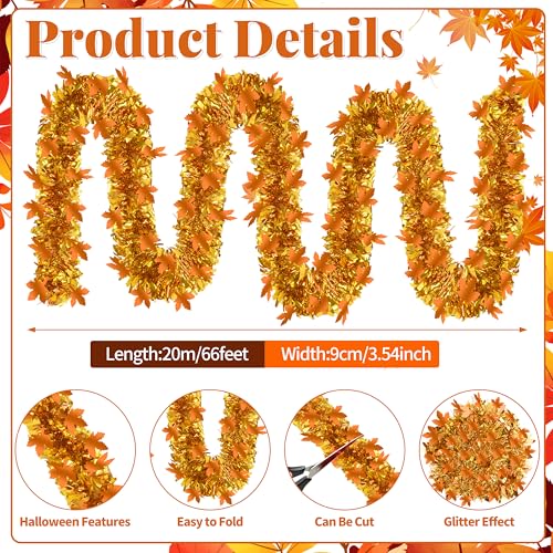 Gold Thanksgiving Tinsel Garland 66Ft Glitter Maple Leaf Decor for Autumn & Holiday Parties