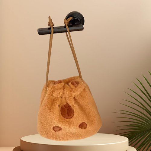 CECKQUE Cute Capybara Fluffy Makeup Bag With Drawstring and Shoulder Straps, Small Plush Animal Cosmetic Pouch Bag Gifts for Women (Brown)
