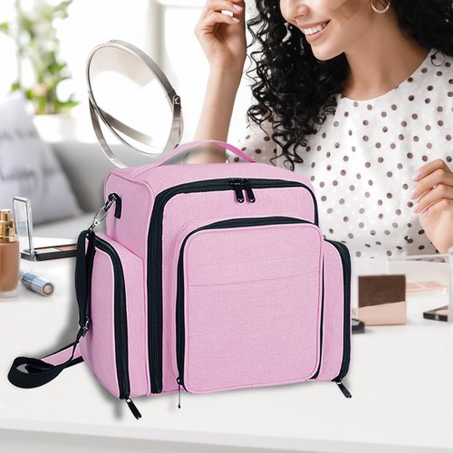 BAOMANYUHA Large Makeup Bag Cosmetic Case Organizer with 3 Inner Removable Pouches Multifunctional Travel Train Storage,Pink