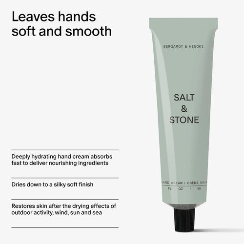 Salt & Stone Hand Cream for Women & Men | Hydrates, Nourishes & Softens Skin | Restores Dry Cracked Hands | Fast-Absorbing | Cruelty-Free & Vegan | Bergamot & Hinoki 2 fl oz