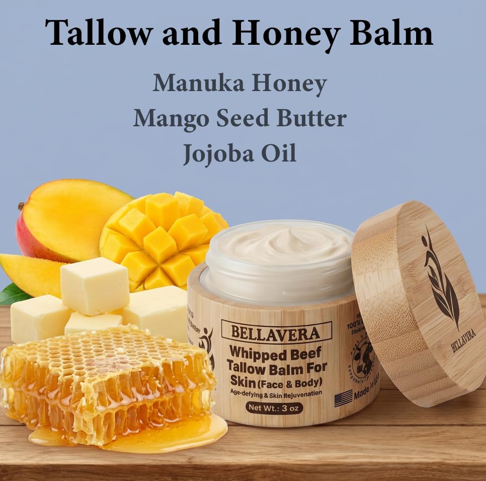 Whipped Tallow and Honey Balm for Face & Body – Manuka honey and Grass Fed Beef Tallow Face Moisturizer – Anti Wrinkle & Anti Aging Cream – Cebo de Res – Made in USA -With Frankincense -3 oz