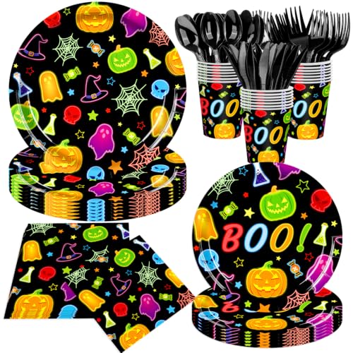 Halloween Party Supplies Set - Ghost & Pumpkin Paper Plates Napkins Cups Forks