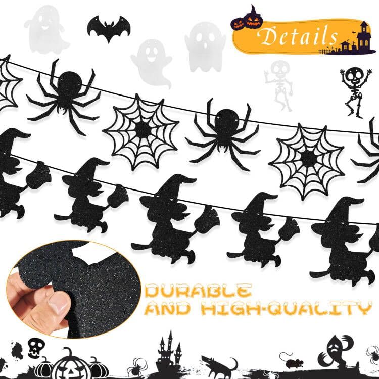 Halloween Bat Spider Ghost Skeleton Witches Glitter Banner Garland Set - 5 Pcs