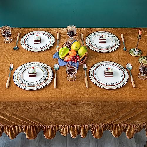 70x52 Inch Velvet Rectangular Tablecloth with Ruffle - Golden Camel