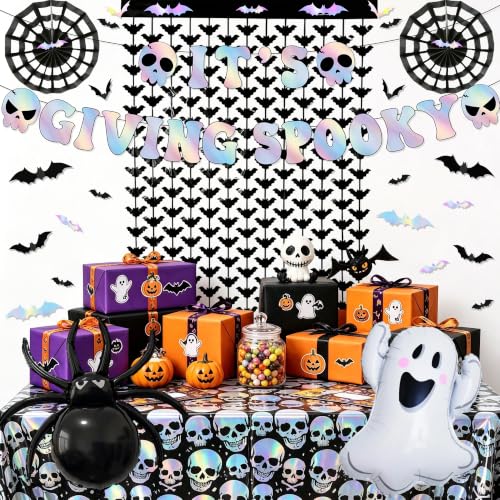 Halloween Party Decorations Set with Iridescent Balloons, Banner & Curtain