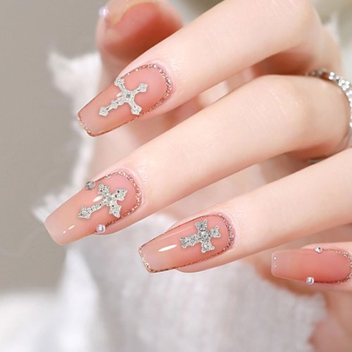 3D Cross Nail Charms for Nail Art, 60 Pcs Metal Crystal Cross Nail Decorations, Alloy Nail Studs and Rhinestones for Women Girl DIY Jewelry Crafts Supplies (Silver)