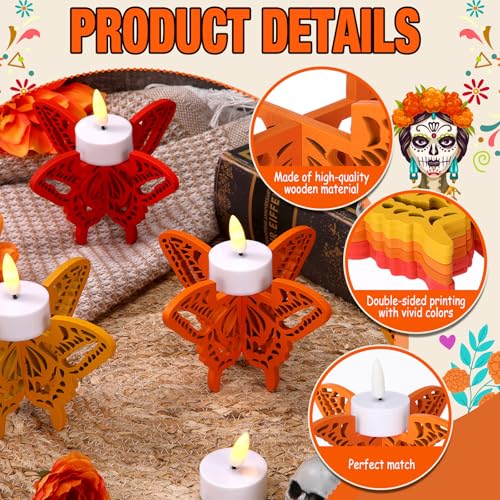 12 Pcs Day of The Dead Butterfly Candle Holders - Wooden Mexican Party Decor