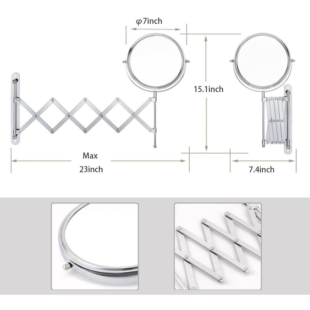 Welllink 7Inch Extendable Bathroom Makeup Mirror with Long Adjustable Arm, 1X/3X Magnification, High-Definition Glass, Chrome Finish, Space Saving Screw Mount