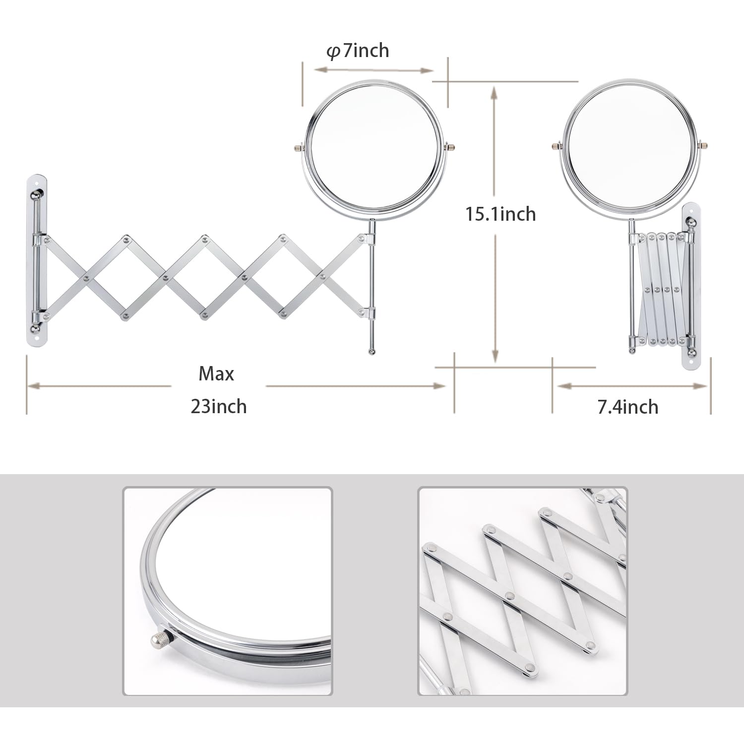 Welllink 7Inch Extendable Bathroom Makeup Mirror with Long Adjustable Arm, 1X/3X Magnification, High-Definition Glass, Chrome Finish, Space Saving Screw Mount