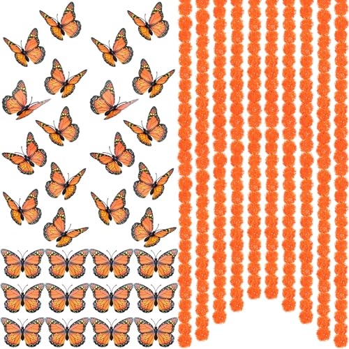 Artificial Marigold Garland Set with Butterflies - 5 ft Day of the Dead Decoration for Weddings & Parties