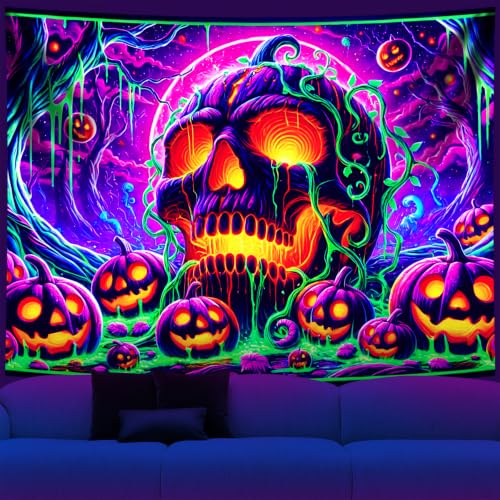 Halloween Black Light Tapestry UV Reactive Wall Decor - Skull C Variation 90x70"