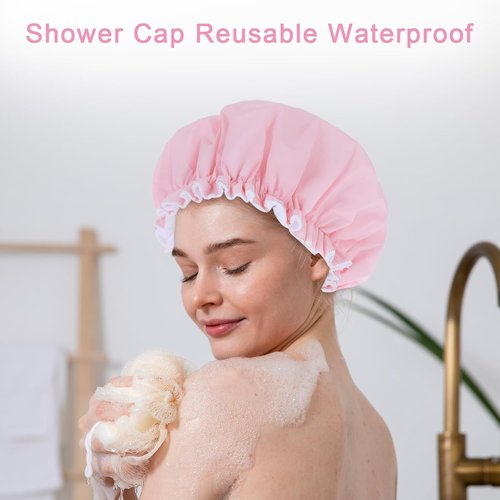Skiennix Reusable Shower Cap - Waterproof Terry Cloth Lined Design | Pink Double Layer for All Hair Lengths