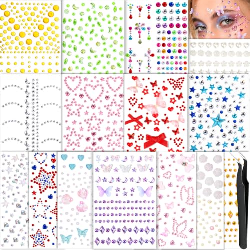 Self-Adhesive Face Gems and Rhinestone Stickers for Makeup and Body Art - 15 Sheets