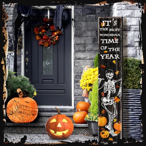Halloween Skeleton Porch Sign - 41.7 Inch Wooden Yard Door Decor
