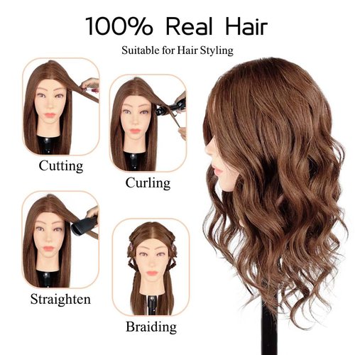 MQHIHI Mannequin Head Human Hair, 100% Real Hair Cosmetology Manikin Head for Practice Braiding Hairstyling Cutting with Free Clamp Holder and Tools (100% Brown)