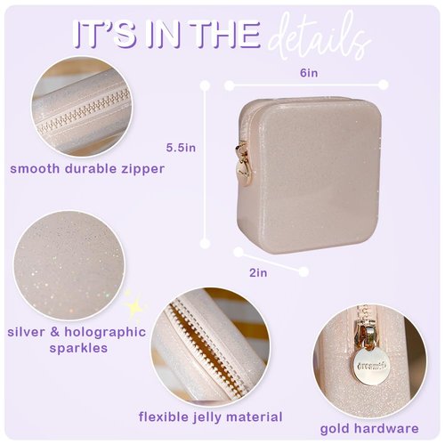 dreamie - Makeup Bag Travel Cosmetics Pouch, Toiletry Bag, Jelly, Zipper Pouch Purse, Cute Make Up Organizer Storage Tote for Women Girls, Waterproof Travel Skincare, Small Makeup Bag - Champagne