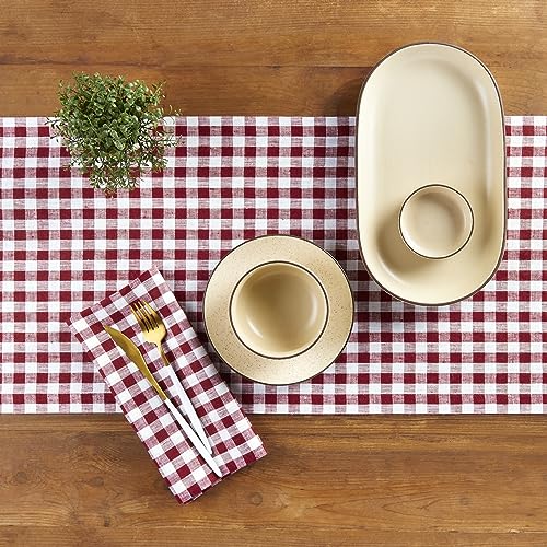 Pure Linen Table Runner Burgundy Gingham Check 14x90 Inches - Handcrafted