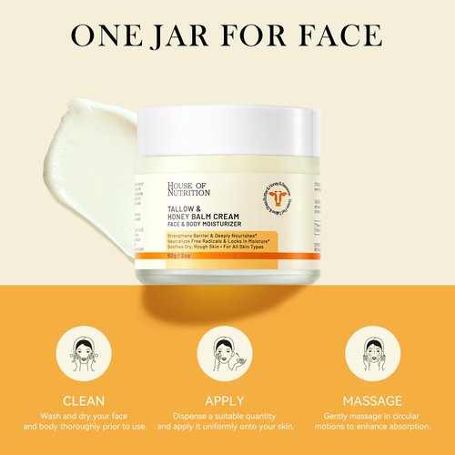 Beef Tallow for Skin, Tallow and Honey Balm, 100% Grass Fed Whipped Moisturizer, Natural Honey & Beeswax Cream, Face and Body Skincare, Deep Hydration for Sensitive Skin, Non-Greasy, 2oz