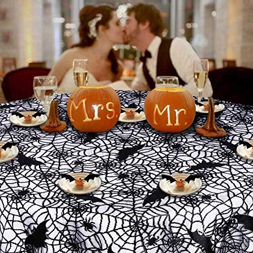 Halloween Bat Spider Web Lace Tablecloth - 60x84 Inch, Black Polyester, Spooky Decor