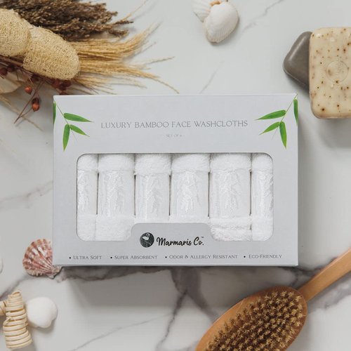 Marmaris Co. Set of 6 Luxury Wash Cloths for Your Face Viscose Bamboo & Turkish Cotton, White Wascloths