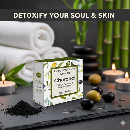 Kalliston, Charcoal, Turmeric, Aloe Vera and Natural Olive Oil Soap Collection, Natural Ingredients, Spa Soap Bars, Includes Bamboo Dish and Pumice Stone, Product of Greece, 4.5oz Each, Pack of 6