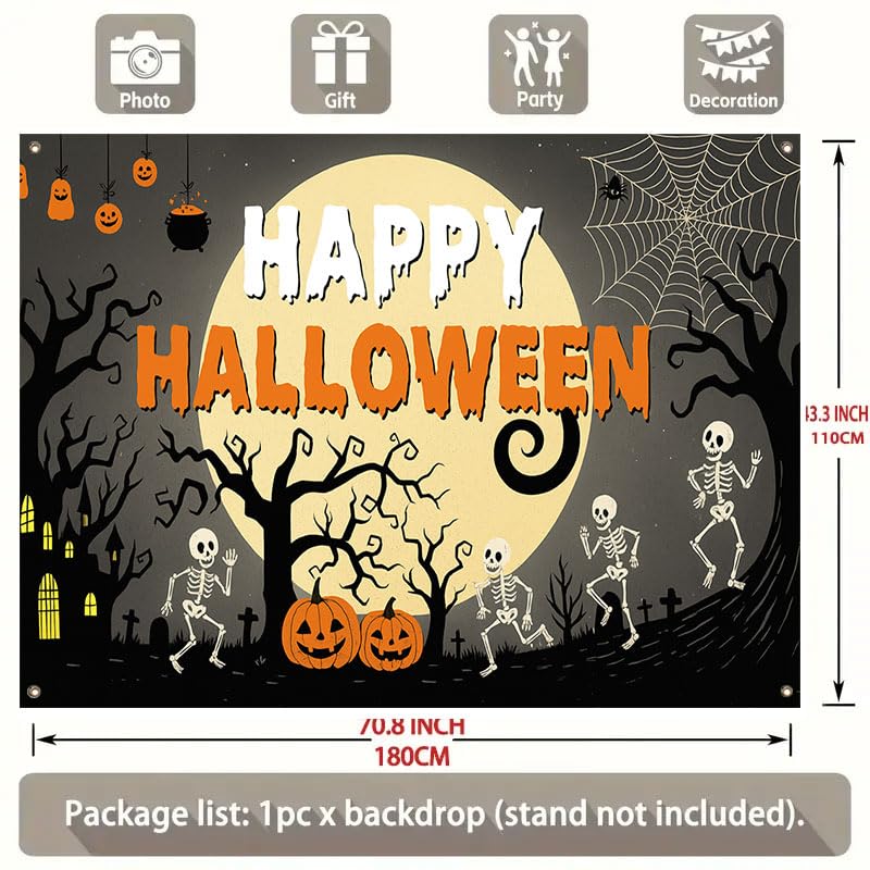 Halloween Banner 71x43 Inch Fabric Backdrop with Skeletons Pumpkins Haunted House MulticolorB76