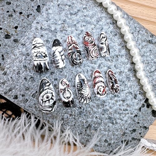 Gothic Press On Nails Set - Bloody Horror Designs, Medium Almond, Black & White - Variation Gothic-24