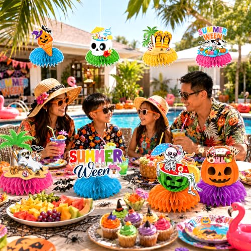 Summerween Halloween & Summer Pool Honeycomb Centerpieces - Tropical Beach Party Decor