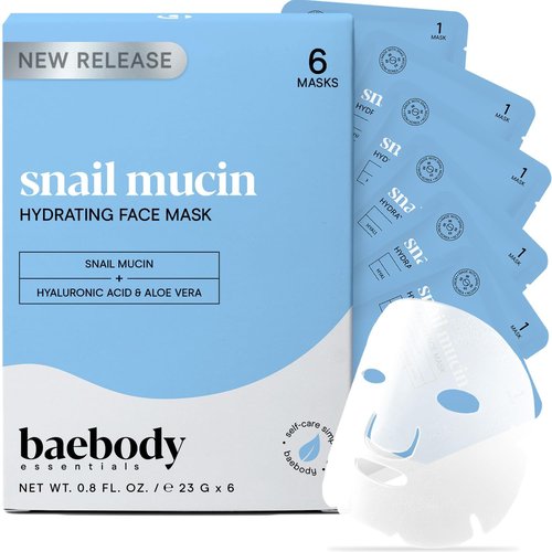 Baebody Snail Mucin Mask | Hydrating Face Sheet Masks with Hyaluronic Acid - 6 Pcs for Youthful Skin
