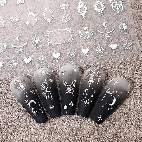 Silver Metallic Nail Stickers - 8 Sheets for DIY Art & Design, Moon Sun Stars Butterfly