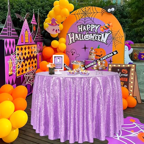 Light Purple Sequin Round Tablecloth 132 Inch - Glitter Party Decor Variation